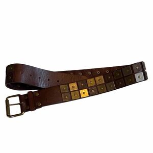 Linea Pelle Metal Brown Leather Studded Belt with Solid Brass Buckle